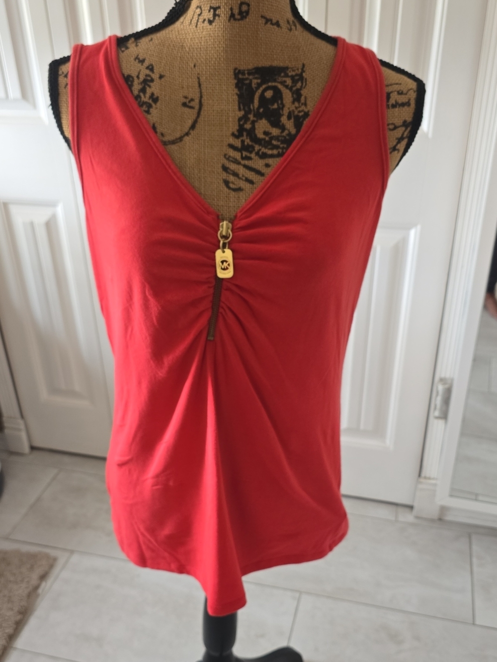 Michael Kors Coral V-Neck Tank with Gold Zip Accent